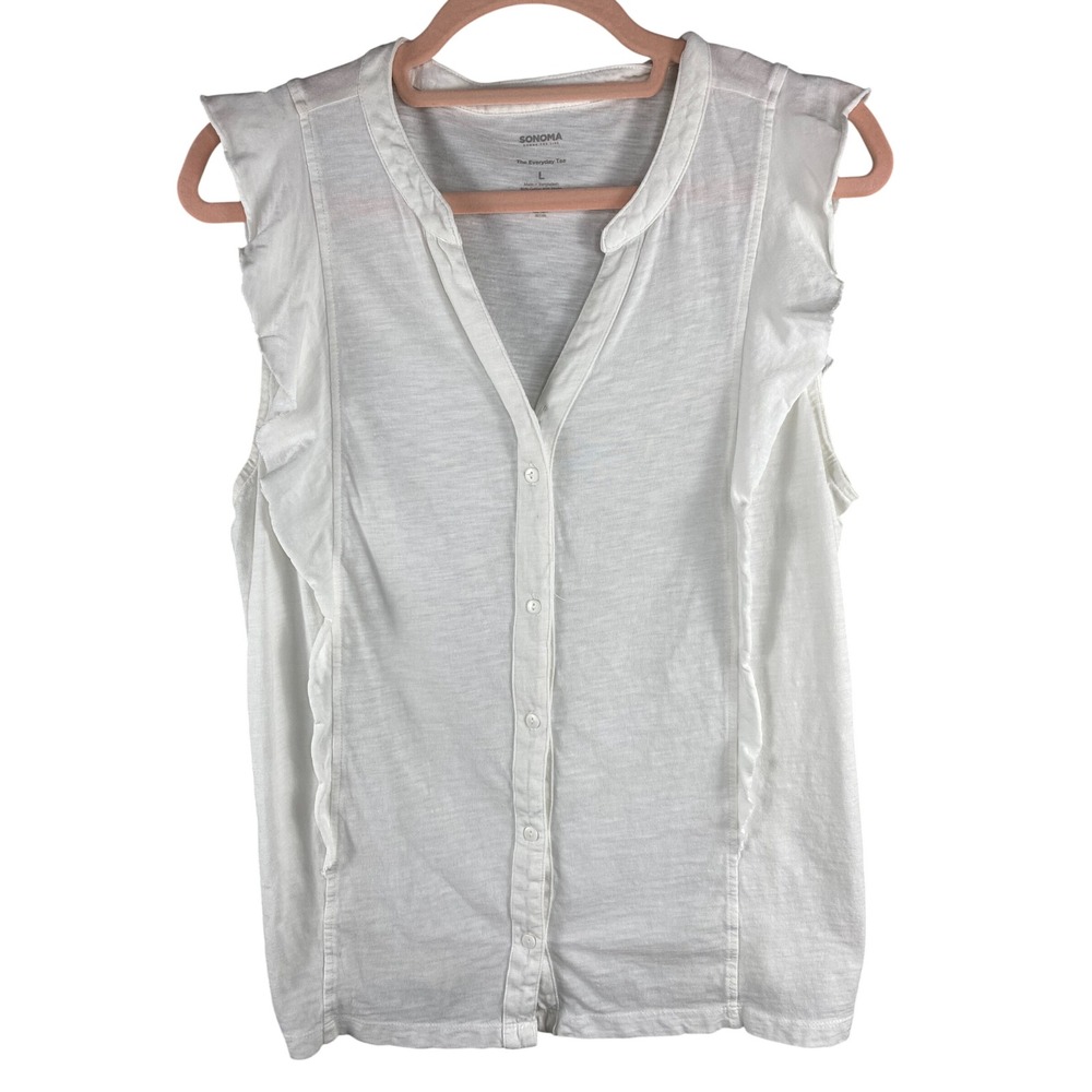 Sonoma Women Top L White Sleeveless Button Front Ruffle Slub Knit Everyday Tee
